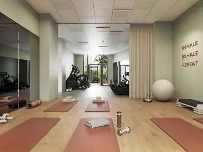 Yoga studio with mats and exercise balls at Florentia Living student residence, Florence