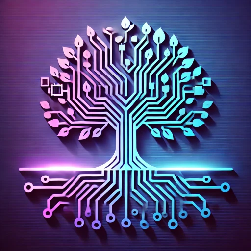 An icon representing transformations in technology_ a stylized digital tree with roots and branches made of circuit lines, glowing softly in gradients