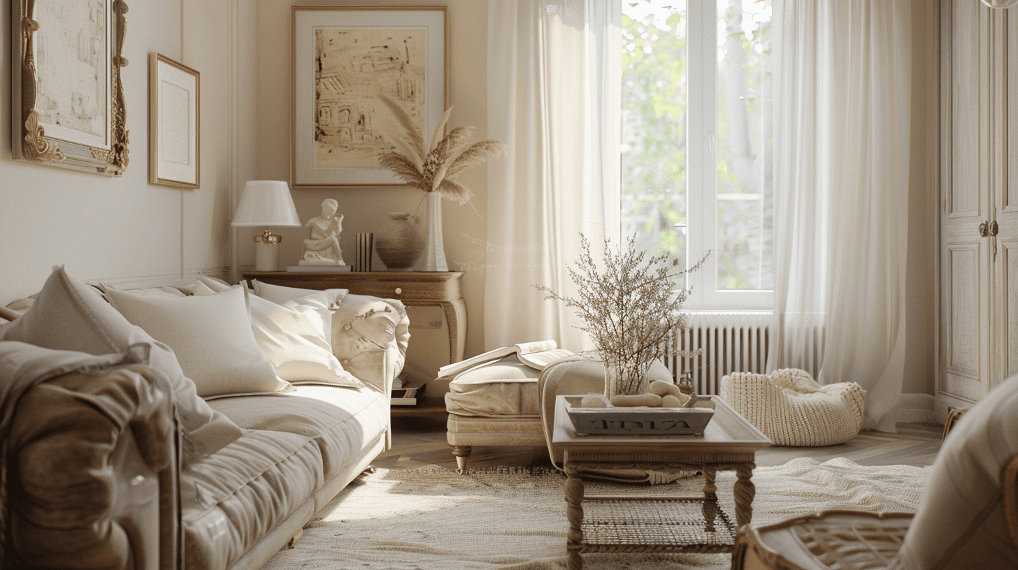 A cozy living room with beige walls, a Scandinavian-style sofa, a wooden coffee table, and minimalistic decor, featuring natural light from large windows.