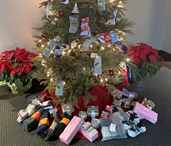 Christmas Tree Decorated with Sock Donations