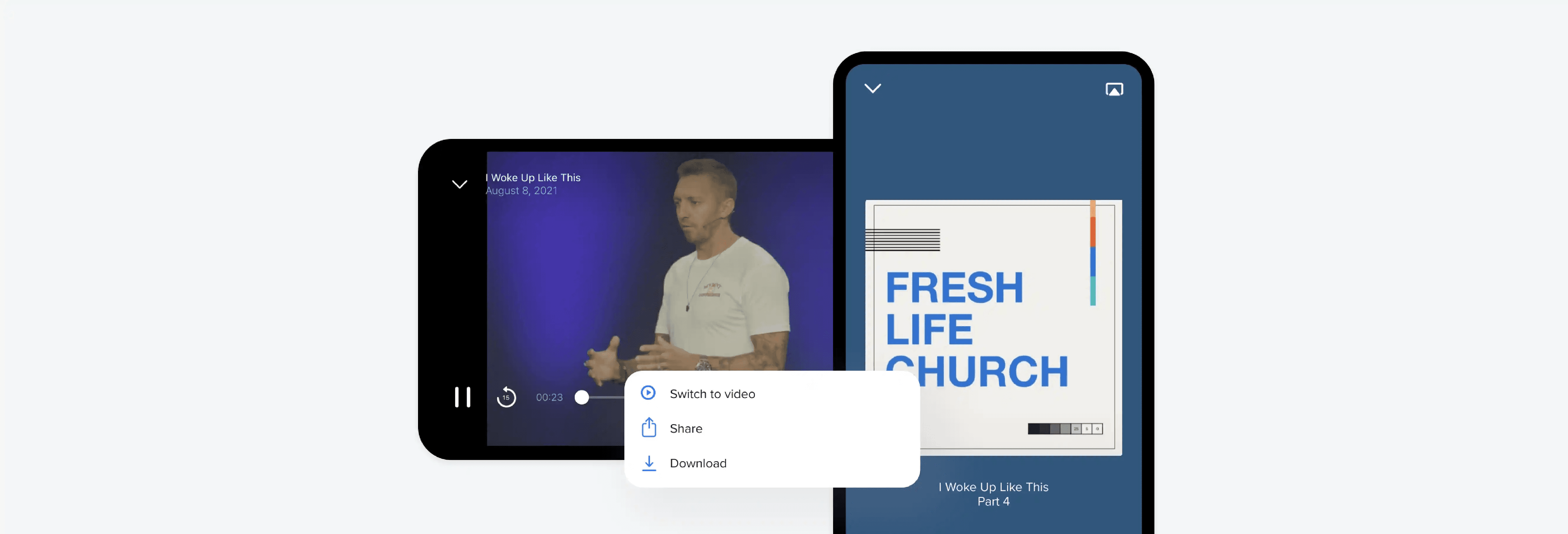 Mobile media app displaying video options - Church Reels Editing