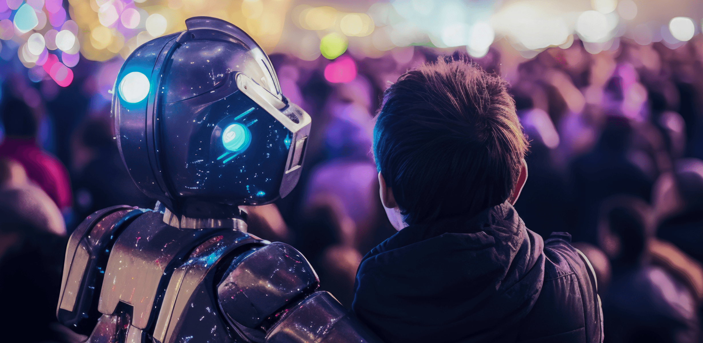 A futuristic robot and a person standing together in a colorful, neon-lit crowd, symbolizing human and AI collaboration in SEO and the fight against content decay in 2025