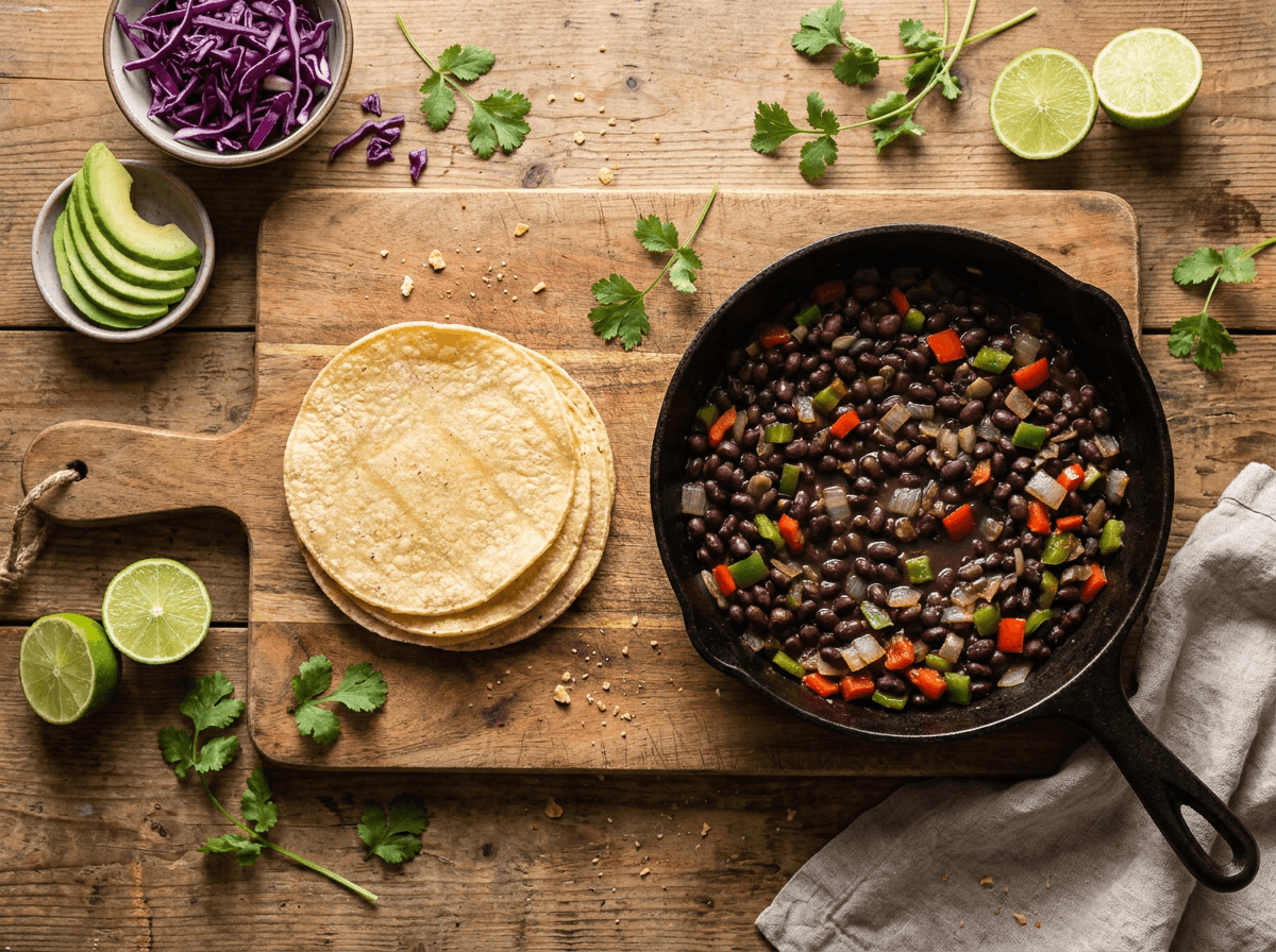 Flat-lay of black bean taco ingredients for easy vegetarian dinner recipes