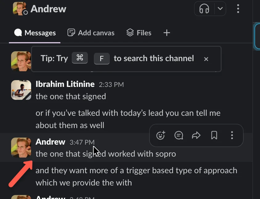 Nebor team slack discussion about signing a client who dropped Sopro.io