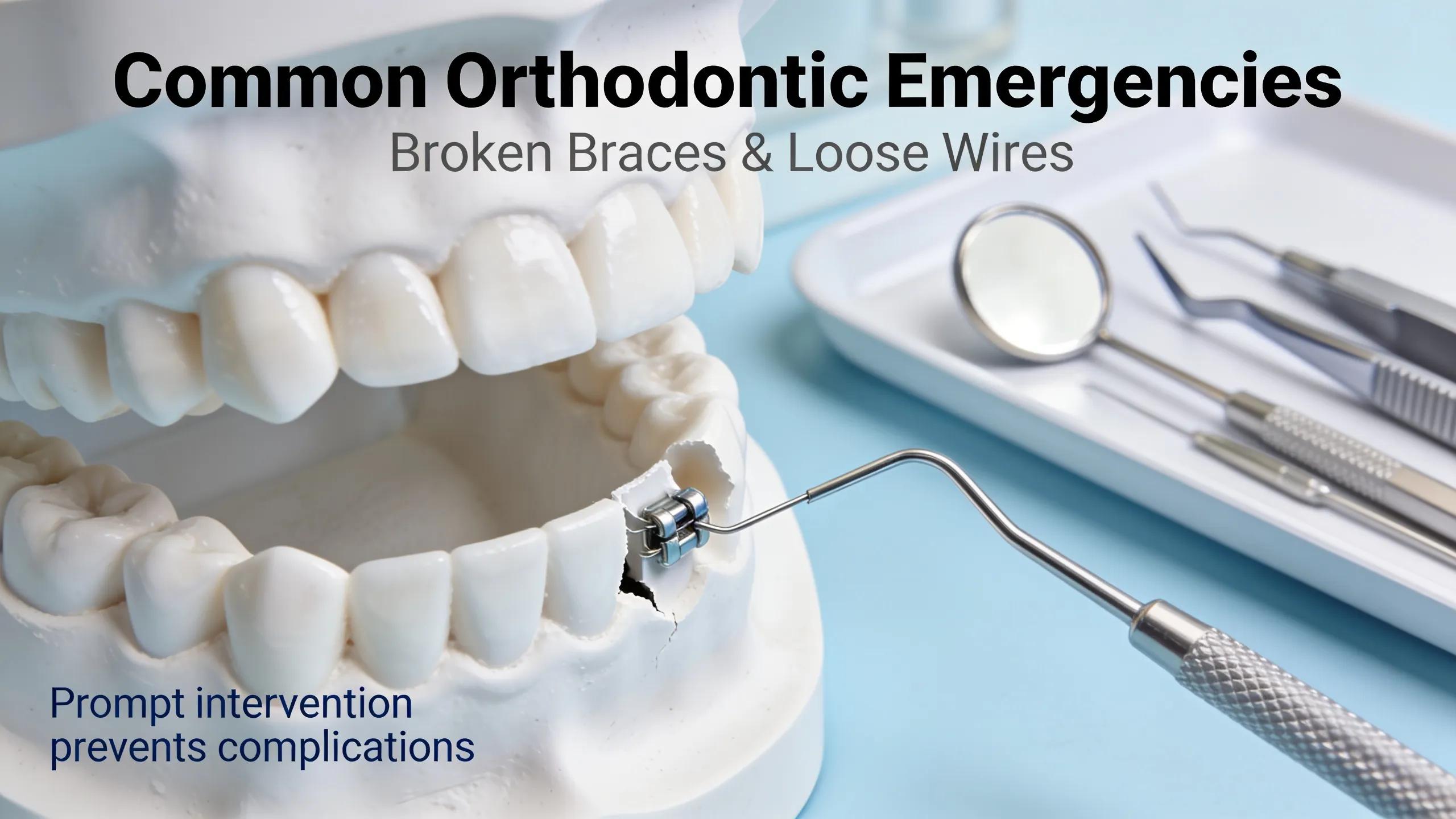 Close-up view of broken braces and loose wires on a dental model highlighting common orthodontic emergencies