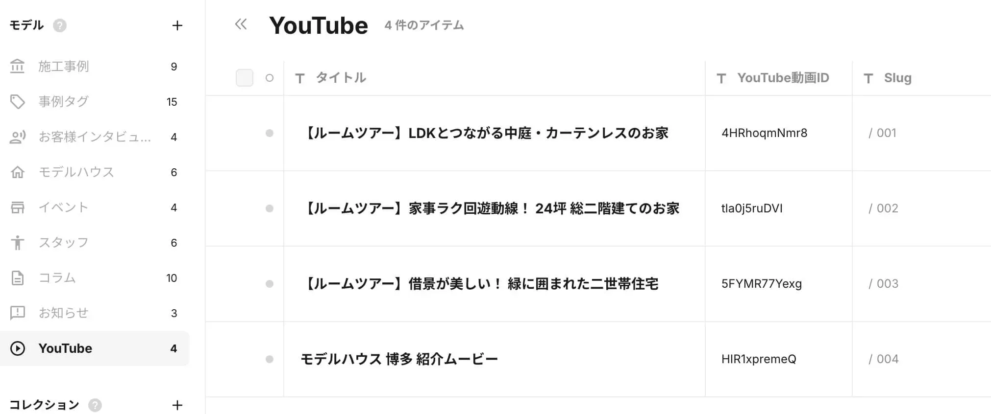 YouTubeリンクのCMSダッシュボード