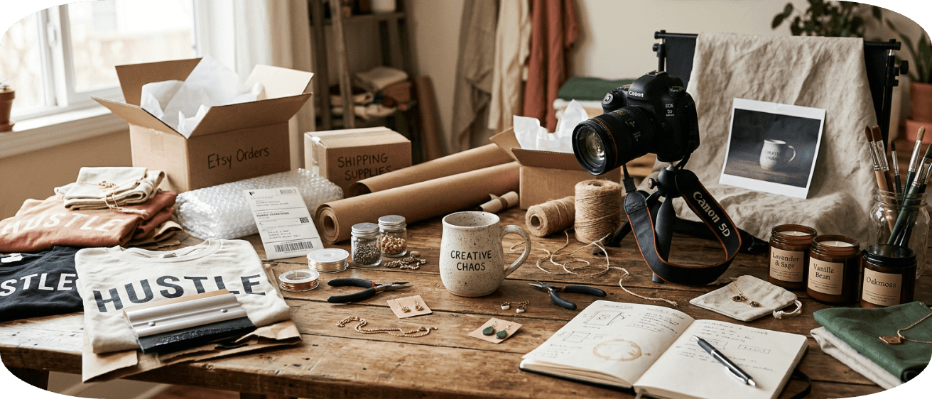 Etsy seller workspace with product photography setup, packaging supplies, and handmade items showing common listing mistakes affecting sales.