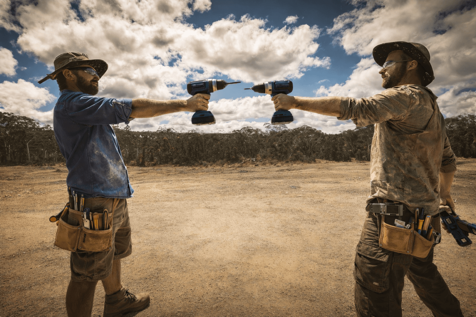 two tradie pointing drills at one another