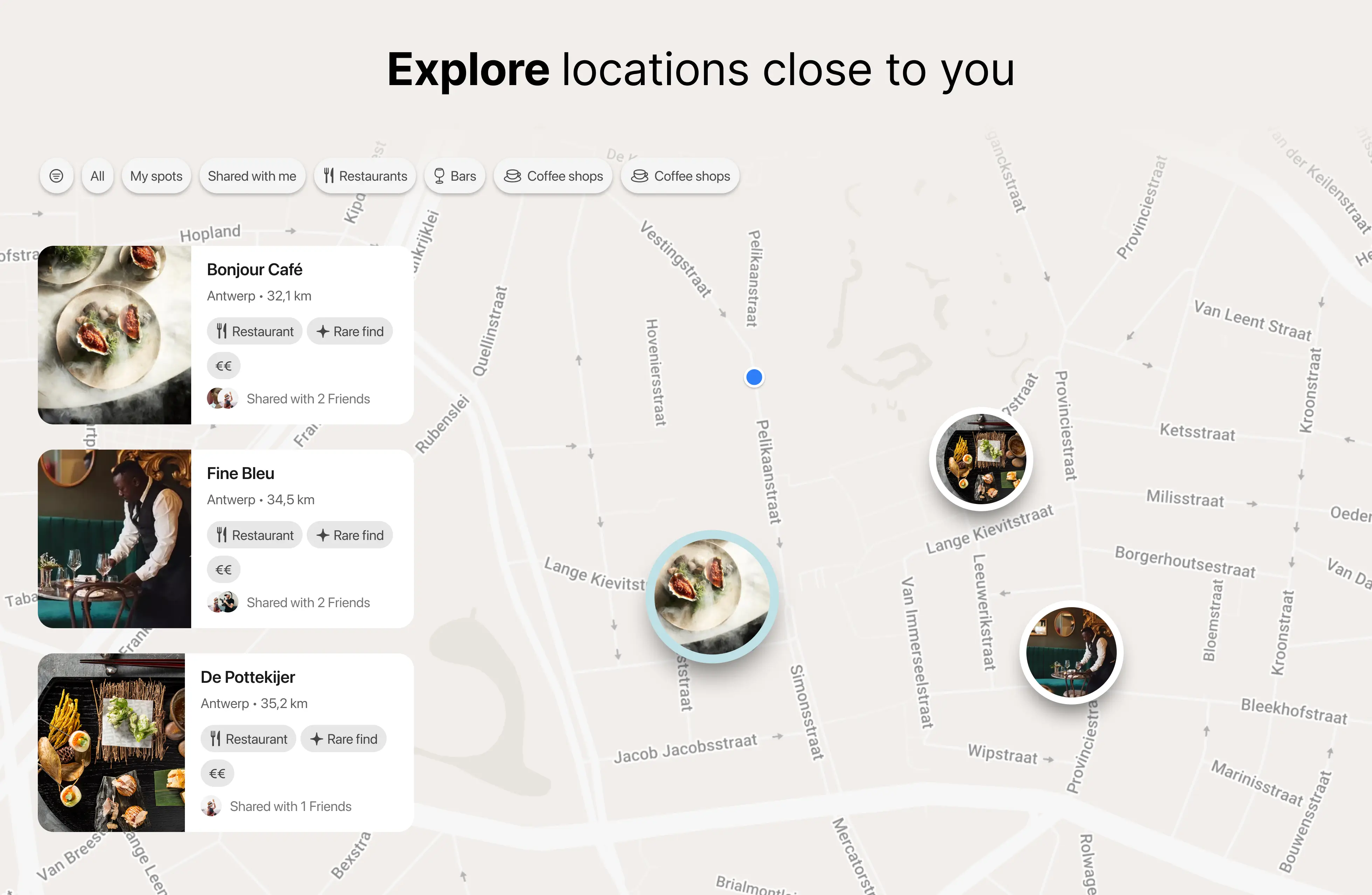 A map view with UI showing nearby locations