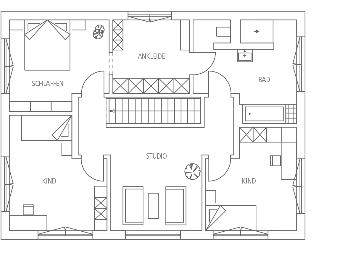 Grundriss einer Wohnung mit Schlafzimmer, Ankleide, Studio, zwei Kinderzimmern und einem Badezimmer.
