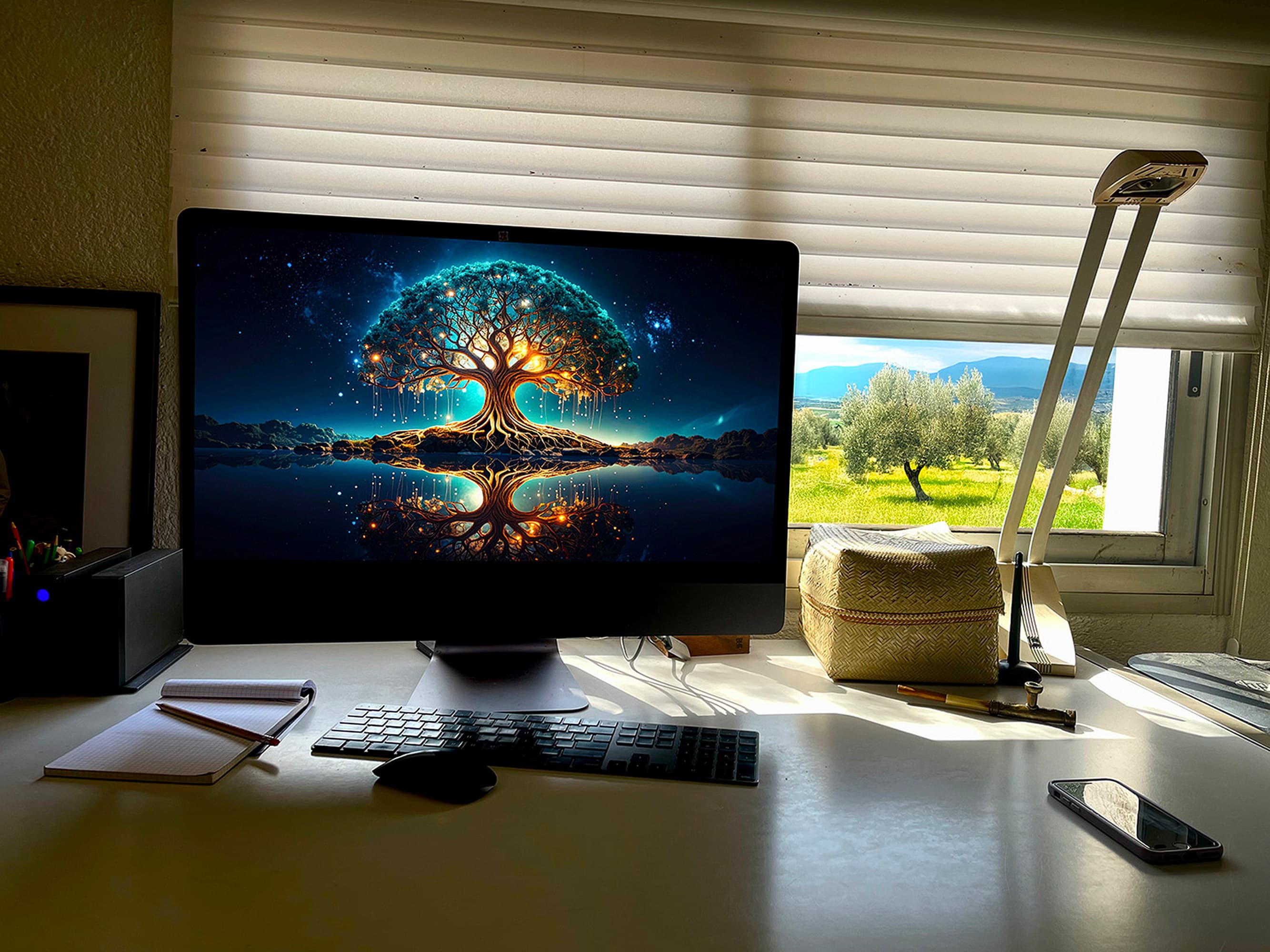 un ordinateur noir sur un bureau