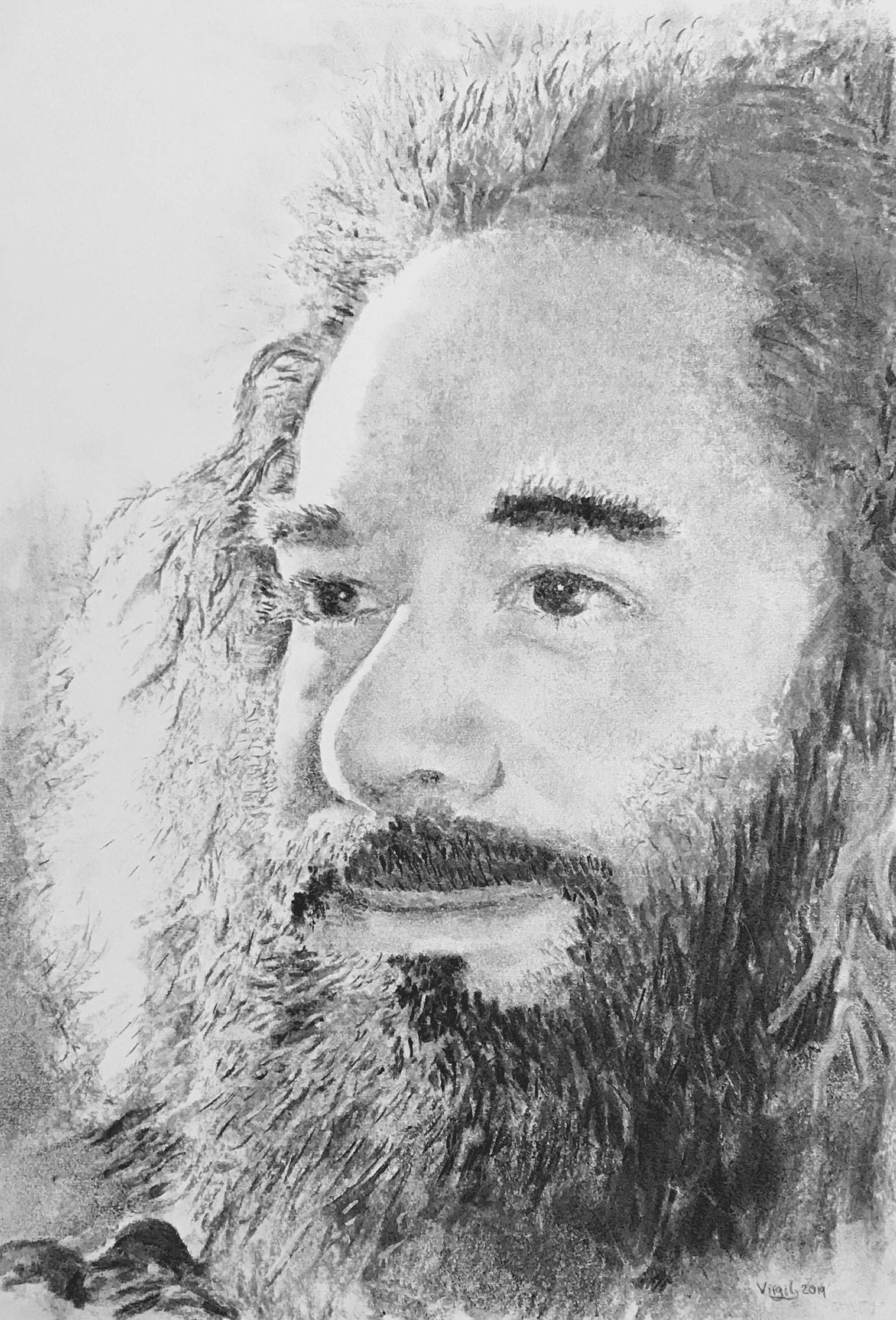 A hand drawn self-portrait of Virgil's face. Charcoal on paper.