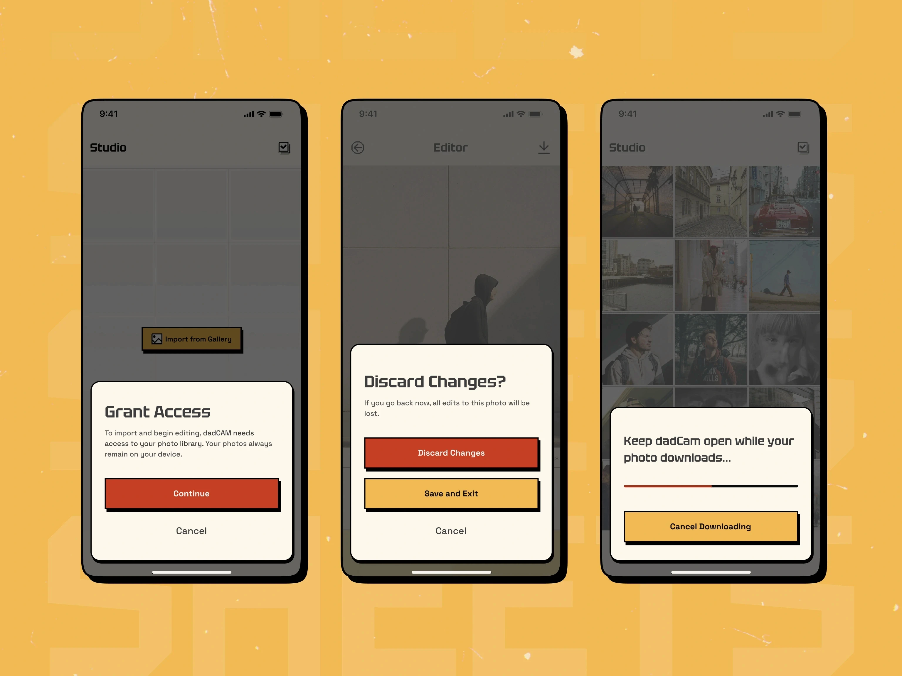 DadCam permission and change-confirmation screens