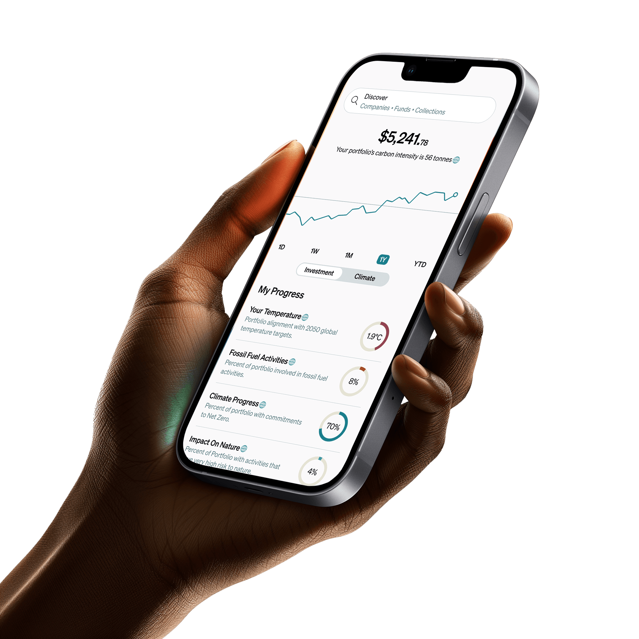 Hand holding an iPhone displaying the Illuminate investing app interface, which focuses on climate and sustainable investing, featuring a performance line graph and circular progress indicators showing climate and sustainability data of user's portfolio.