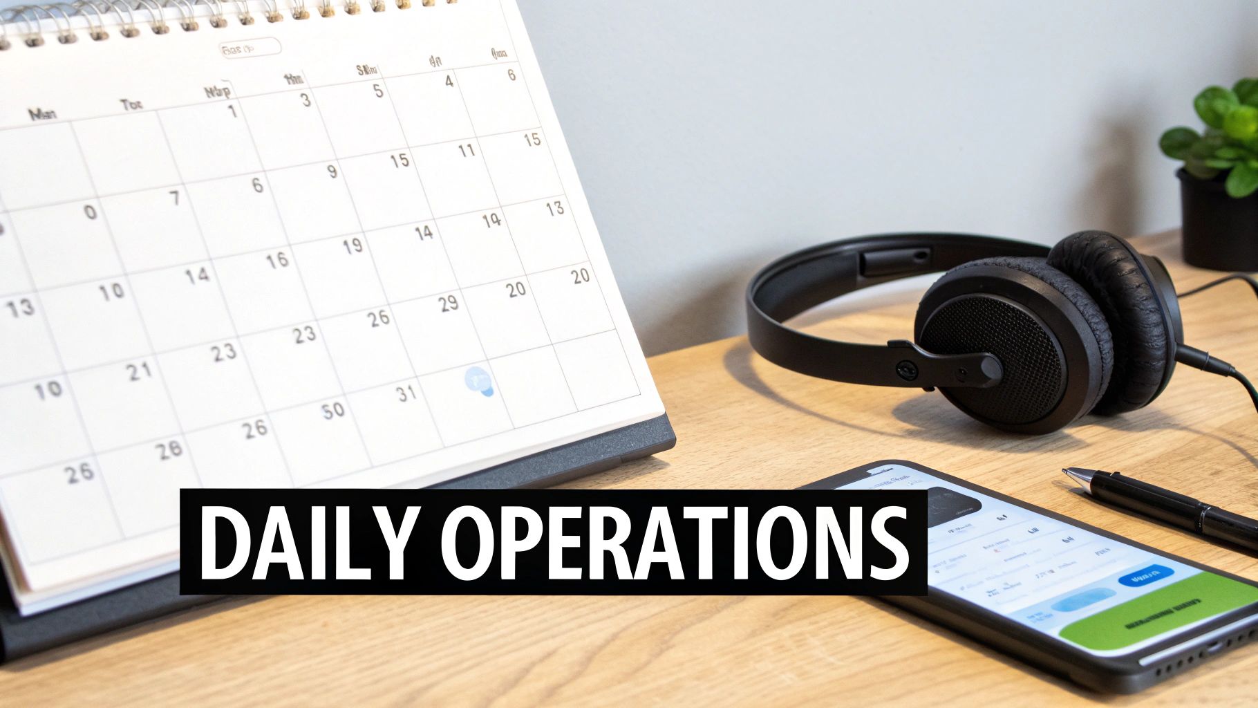 Daily operations setup with a calendar, headphones, smartphone, and pen on a wooden desk.