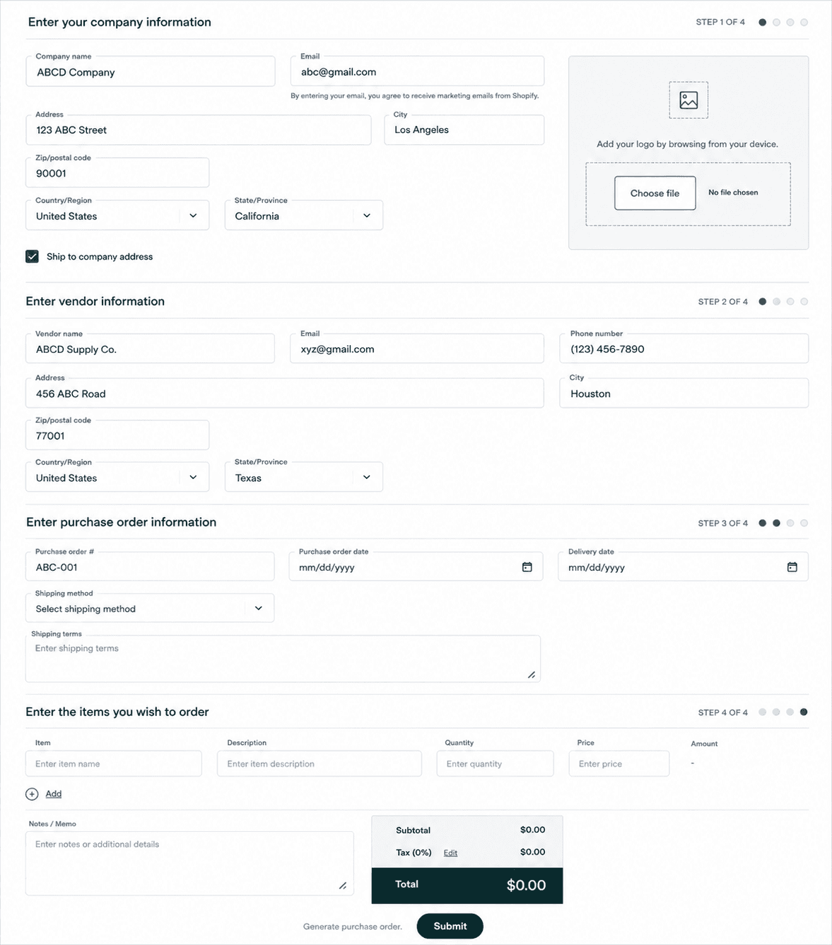 Shopify free online store purchase order template