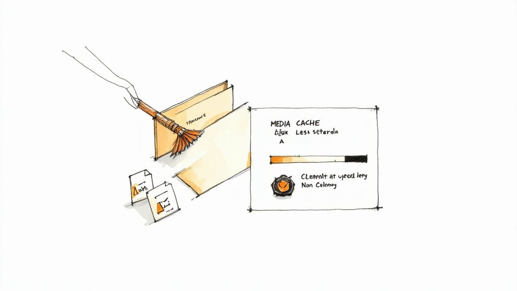 A network server rack with glowing lights, representing a shared network drive used in a professional video editing environment.