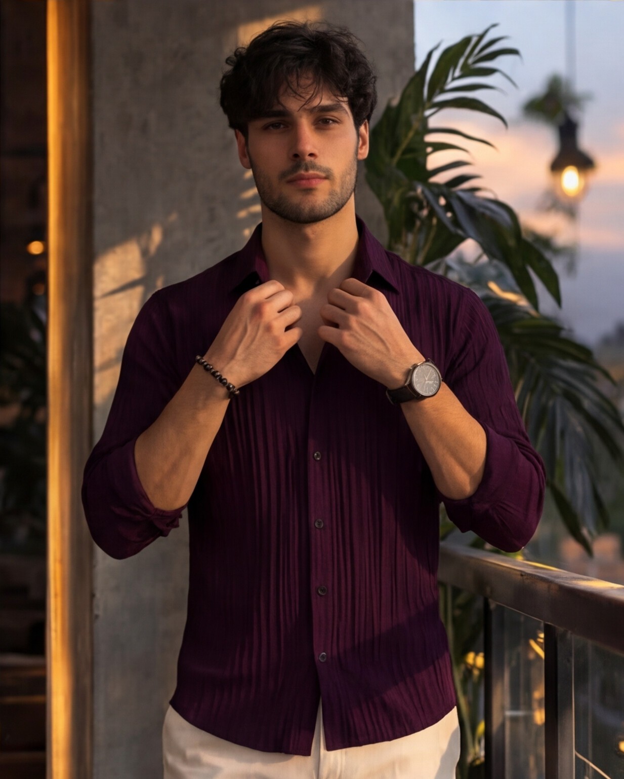 Wine Textured Shirt with Cream Trousers