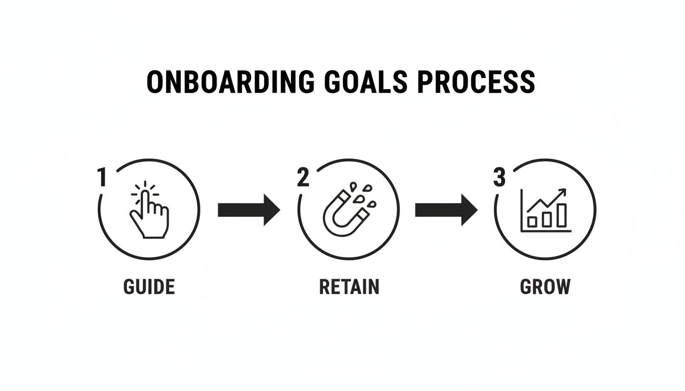 An infographic showing the 3-step onboarding goals process: Guide, Retain, and Grow.