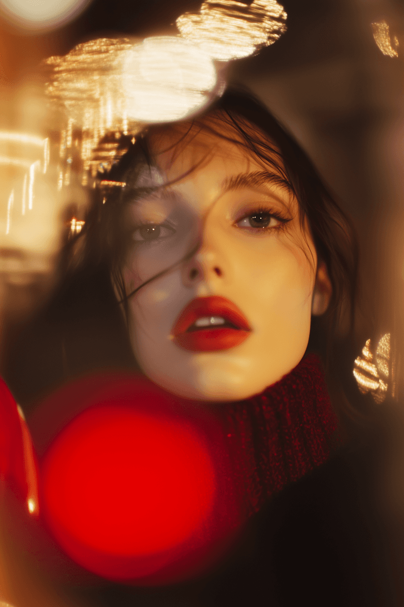 Close-up of a woman with red lipstick and warm bokeh.