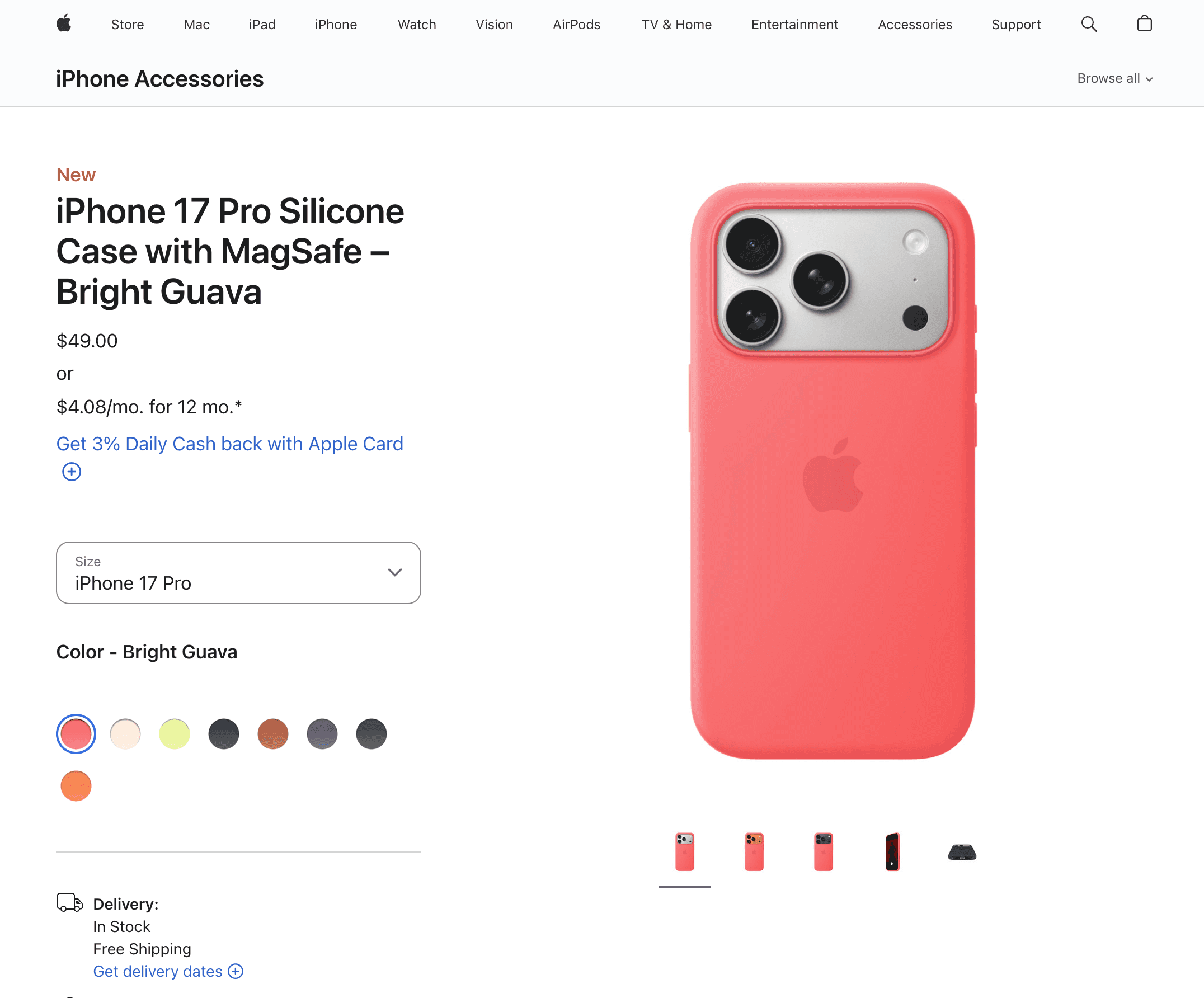 Apple iPhone 17 Pro Silicone Case in Bright Guava, priced at $49 — more than six times the $7.90 net profit airlines earn per passenger in 2026, according to IATA.