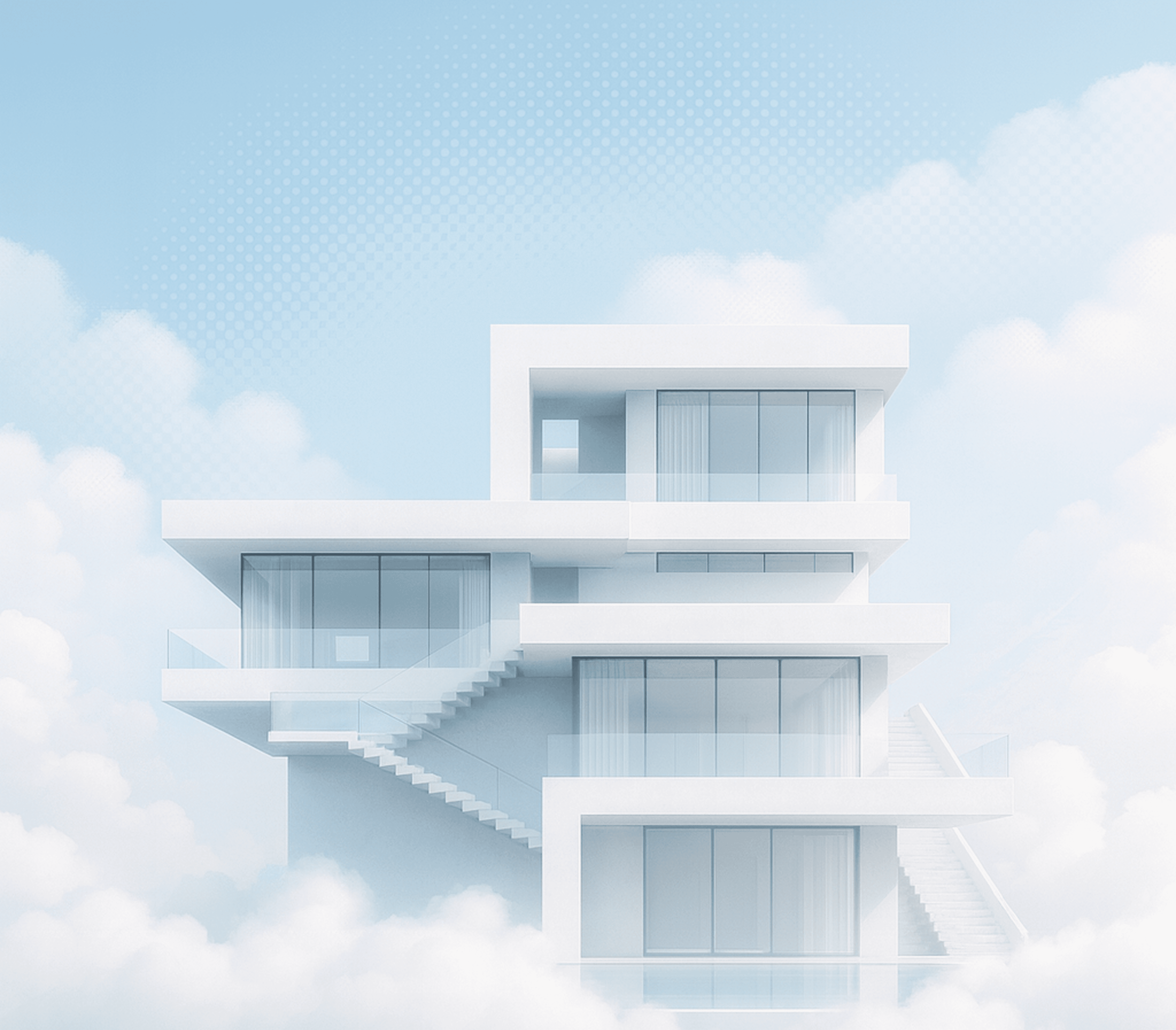 Modern white house floating in the sky with large windows and staircase, representing luxury and innovative design.