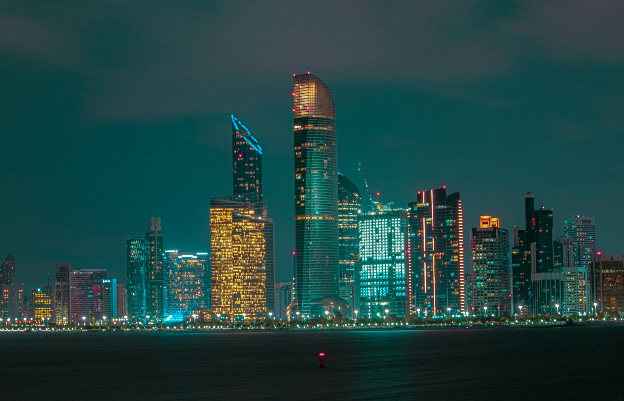 Abu Dhabi skyline lit up at night