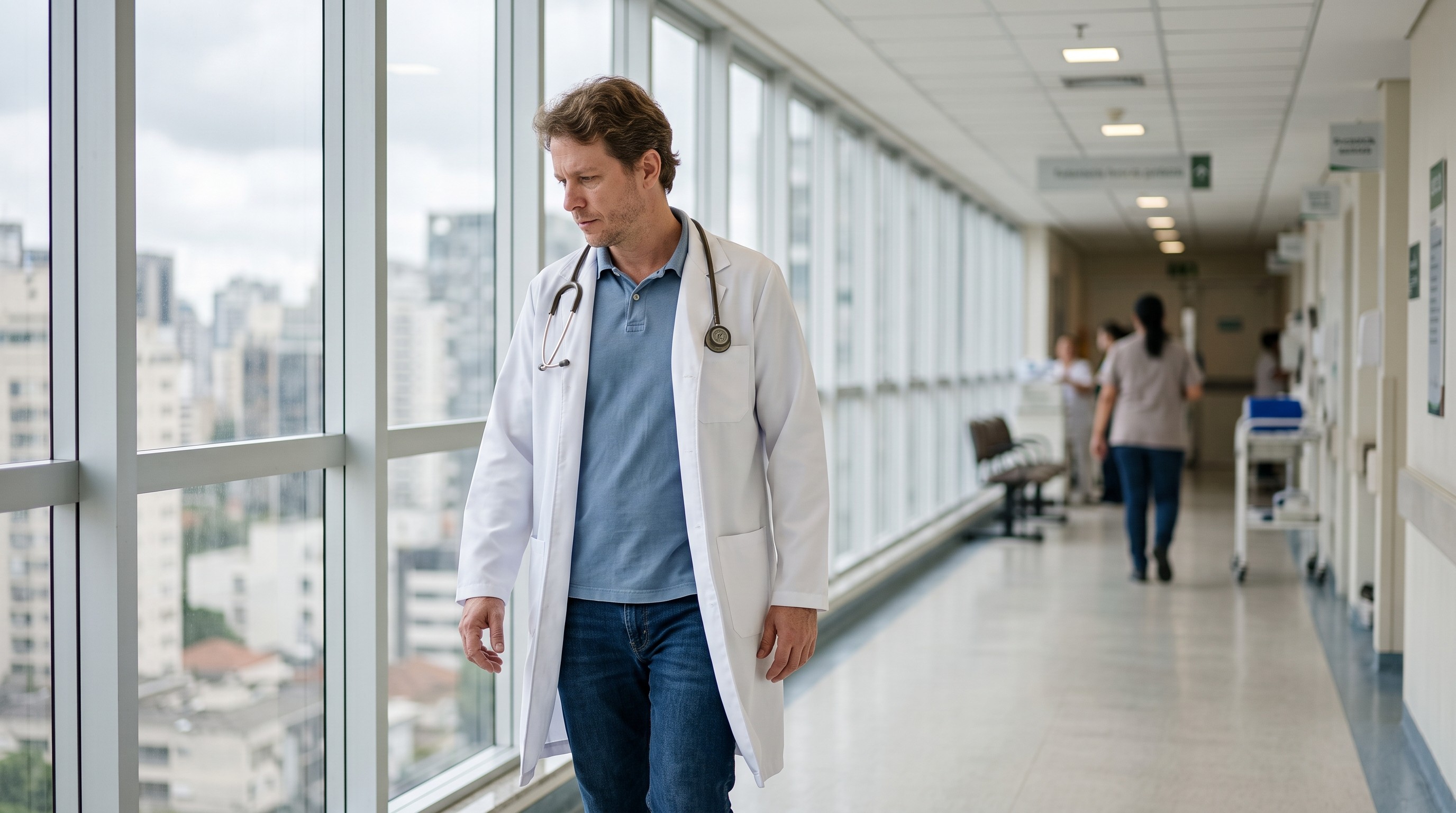 Médico caminhando pensativo em corredor de hospital com vista para a cidade