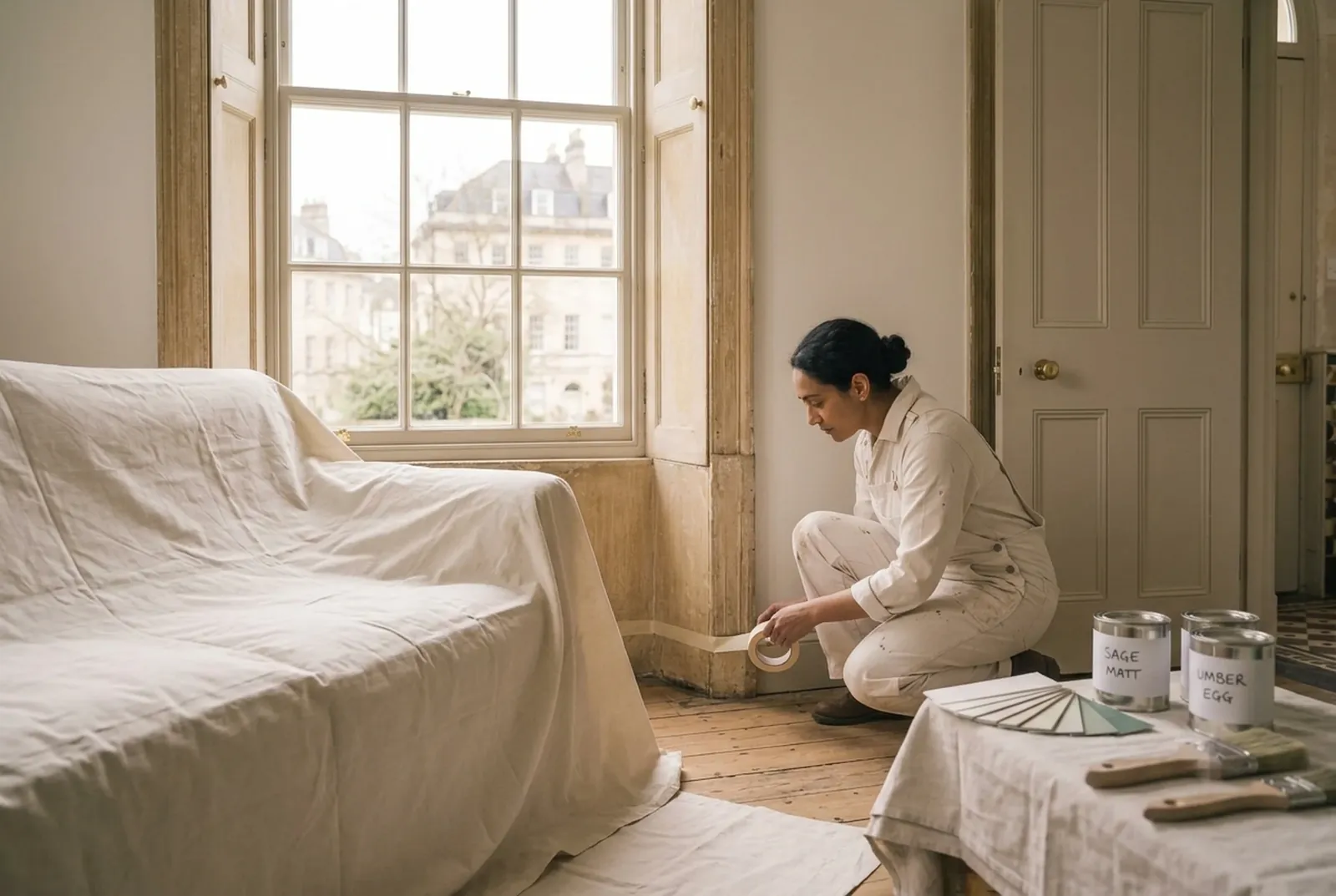 A decorator laying a dust sheet over a sofa and masking the skirting