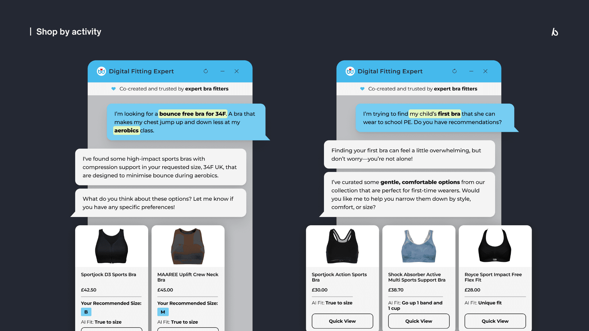 Brarista chatbot on boobydoo handling two distinct shopper scenarios - a specific size and activity query, and a first-bra request.