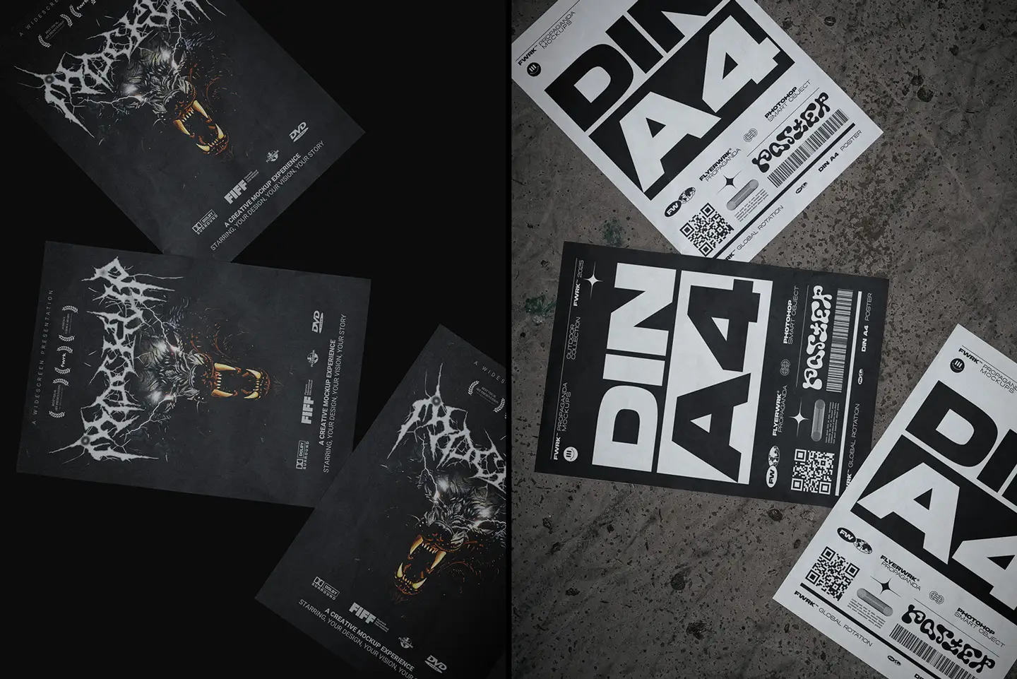 Outdoor A4 Poster Mockup with an orange illustrative poster featuring a wolf and bold typography