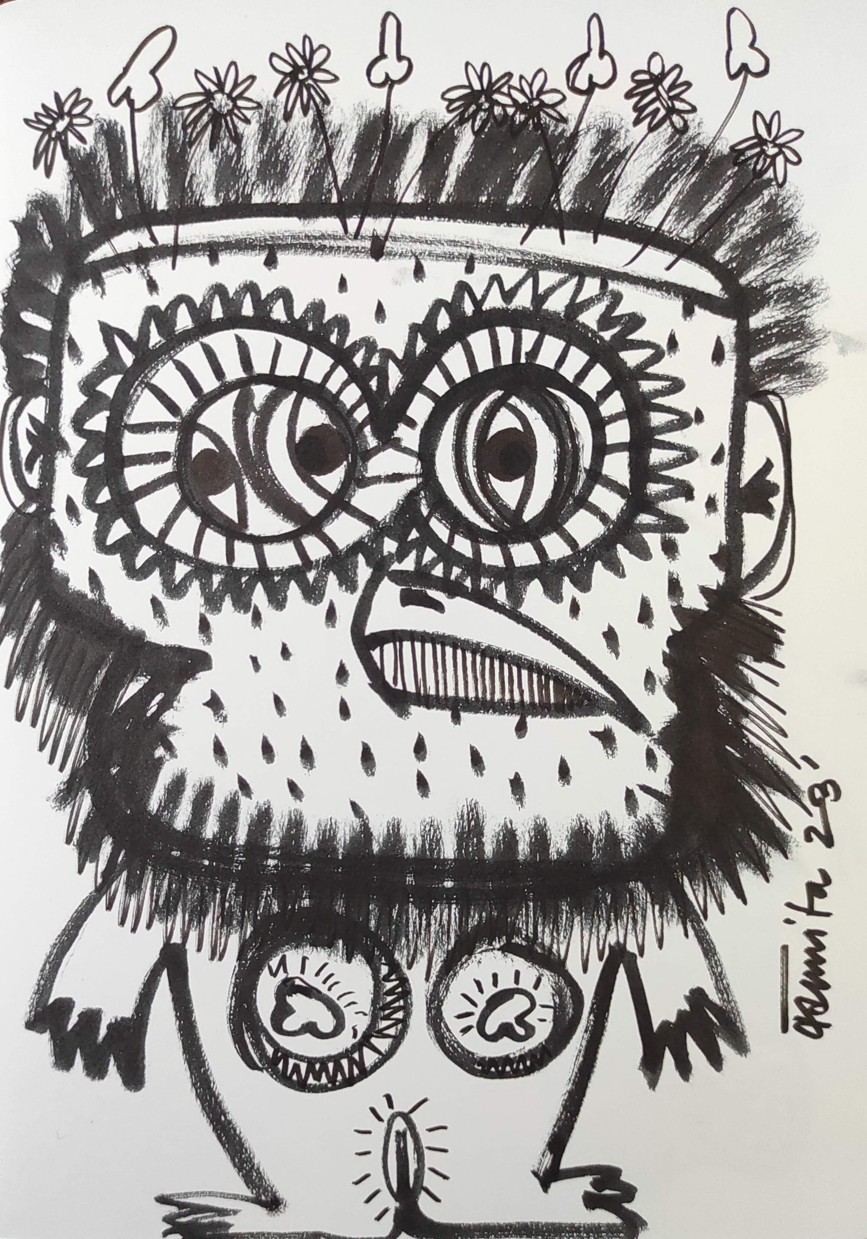 herd of sheep on road painting