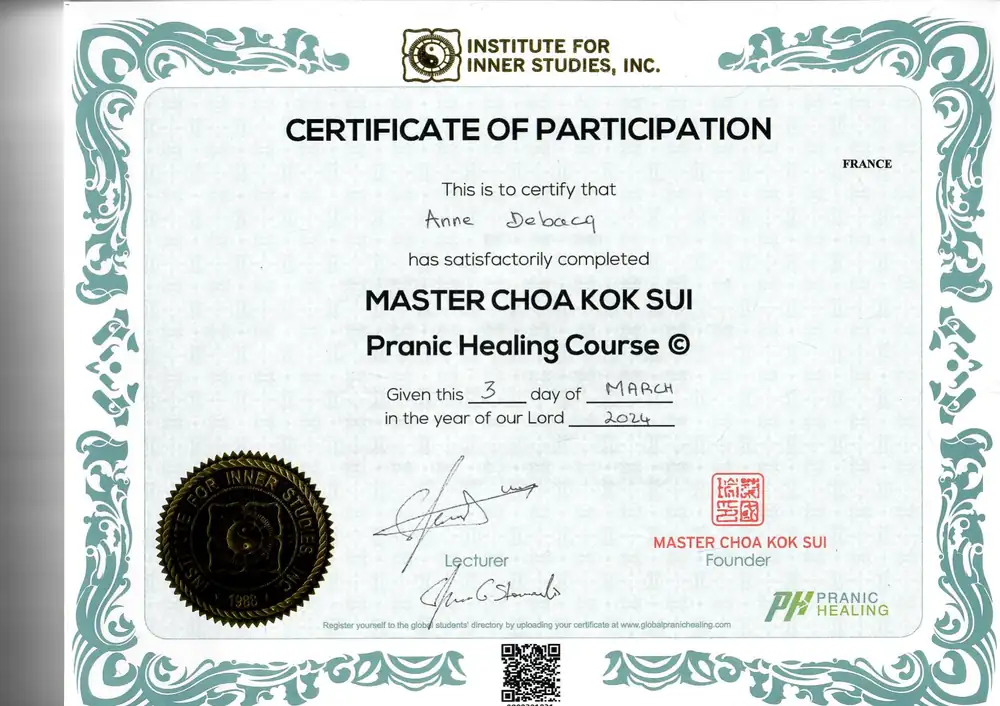 Certificat Pranic Healing d'Anne Debacq, Institute for Inner Studies, mars 2024