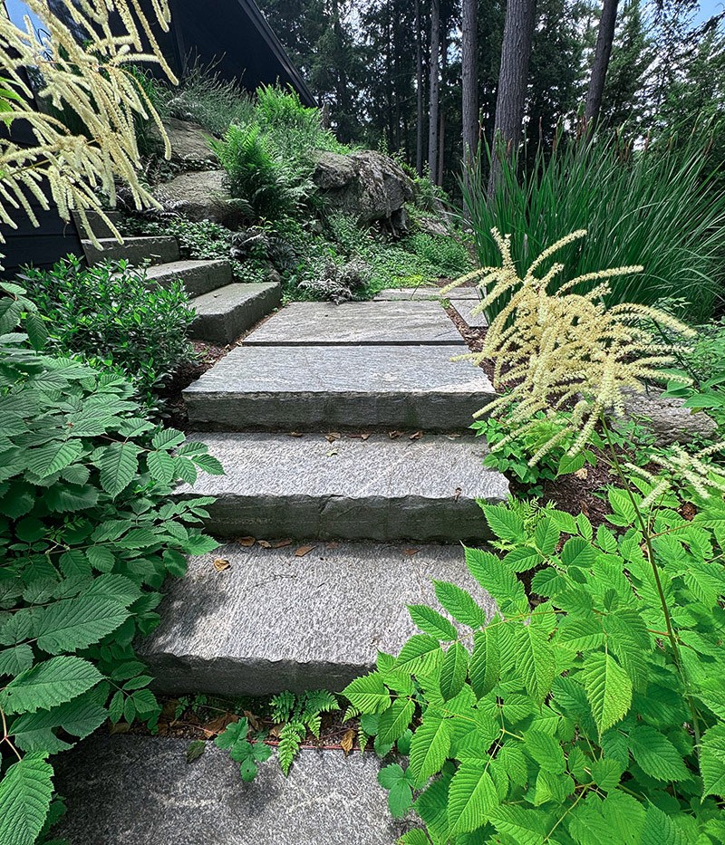 natural muskoka granite stairs and native garden design.