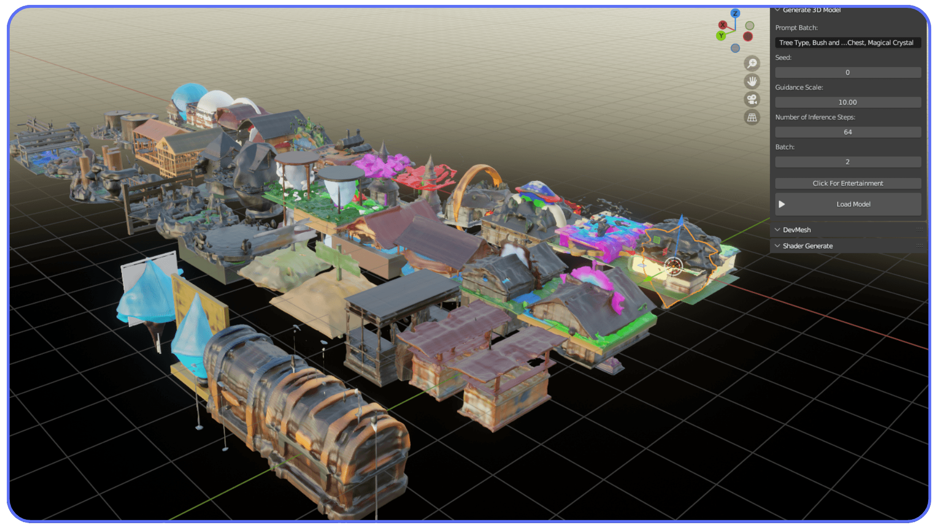 AI-generated 3D environment assets arranged in Blender, showing buildings, props, and terrain created from text prompts using an AI model generator.