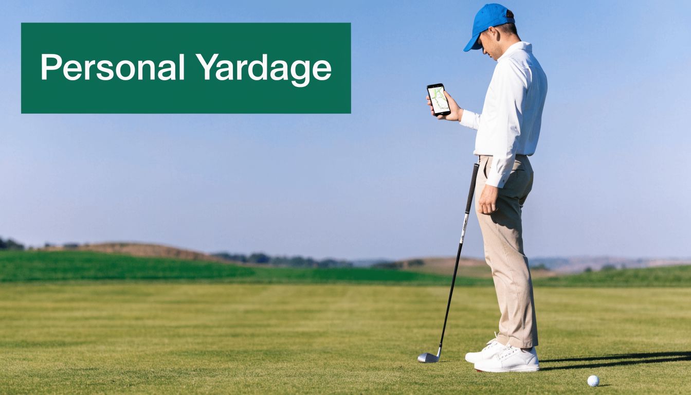 A golfer wearing a blue cap stands on a grassy field, looking at a golf yardage app.
