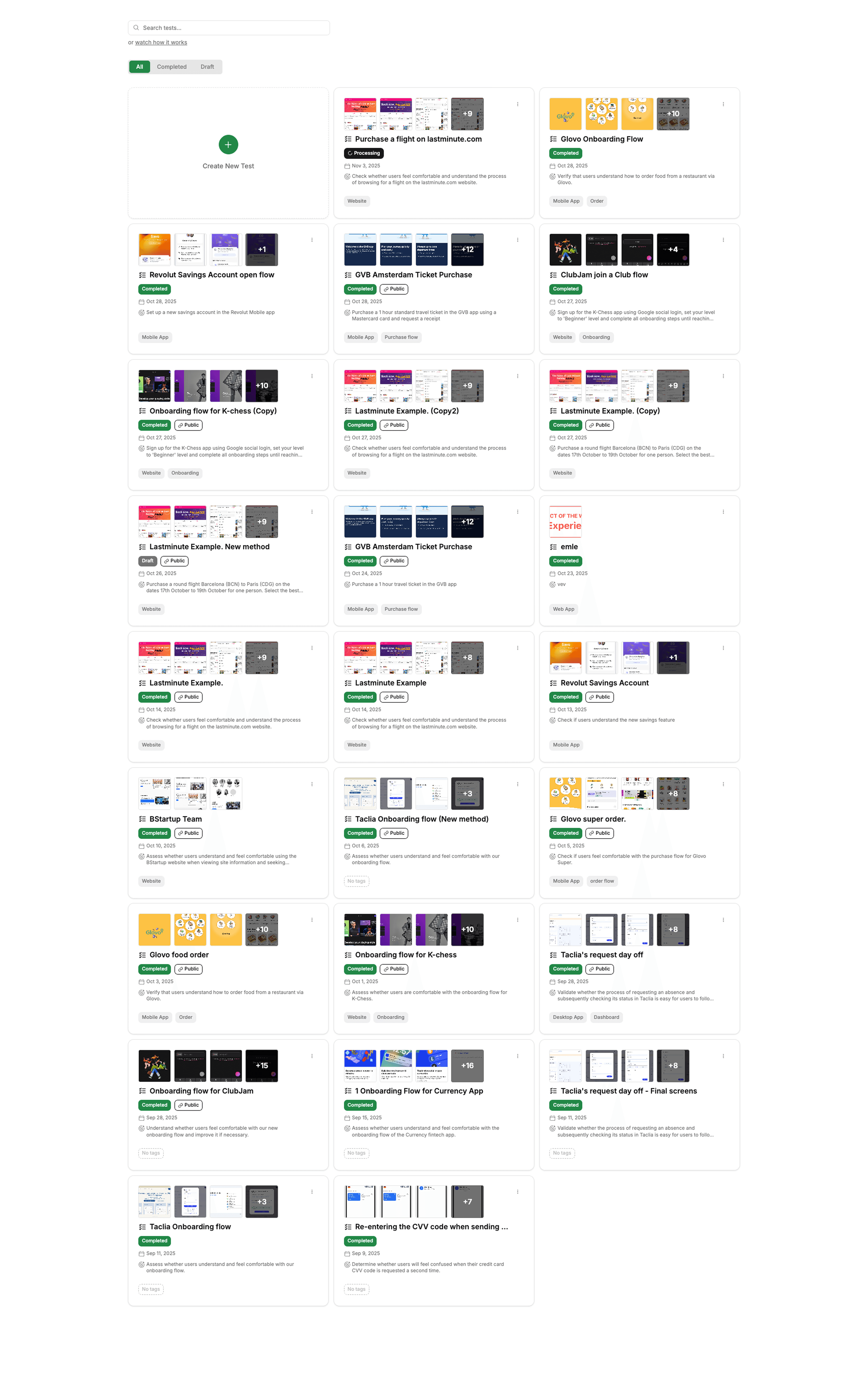 Screenshot of the Uxia home panel showing multiple tests marked as Completed and Draft.