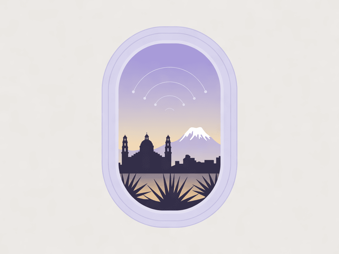 Signal arcs rising over an illustrated Mexican skyline with a cathedral dome, agave and a distant volcano, seen through an aeroplane window