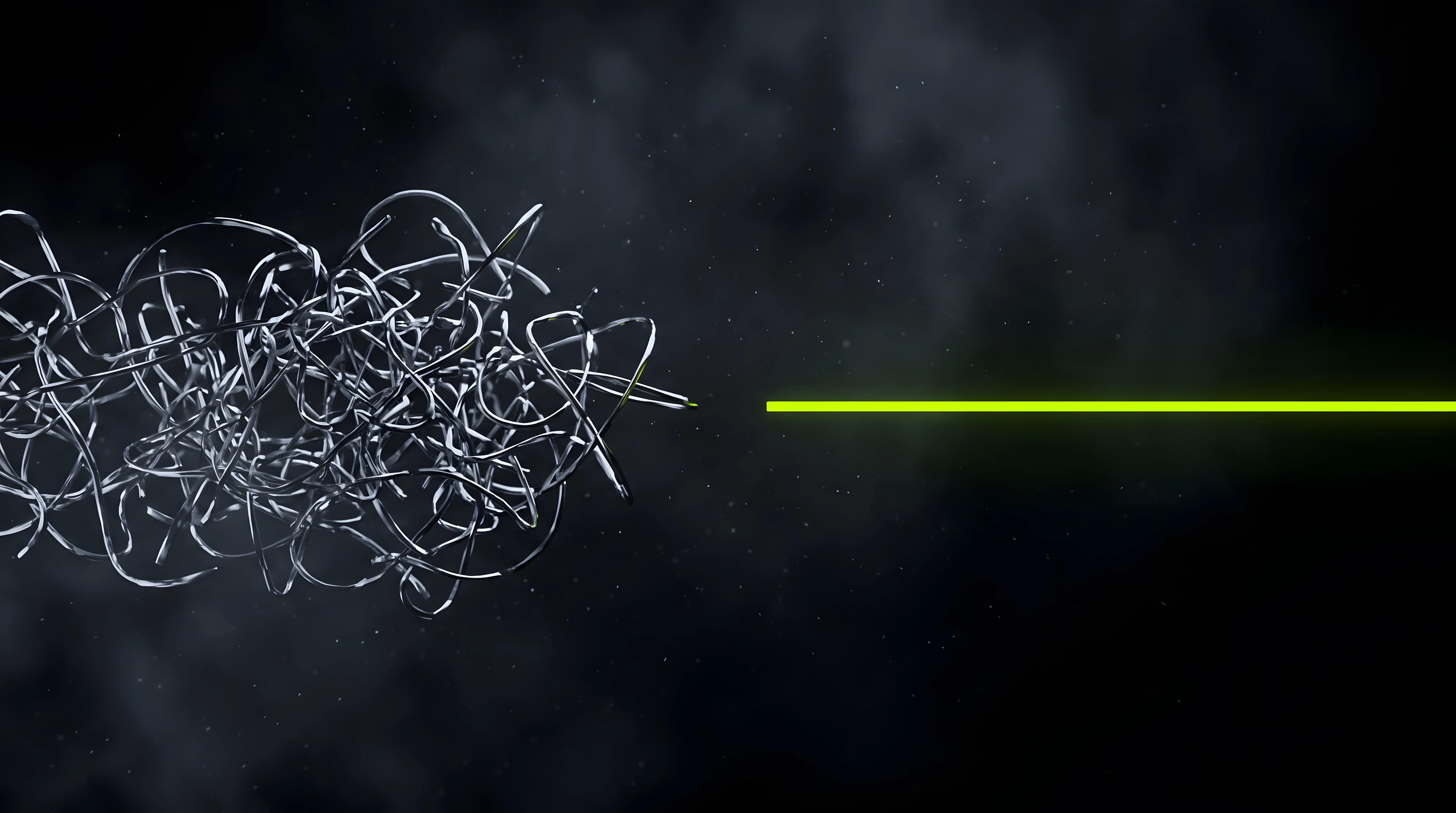 Comparison of a tangled, scattered cluster of dim chrome fragments against a single clean toxic lime line on deep void black, representing technical jargon versus a clear written rationale.