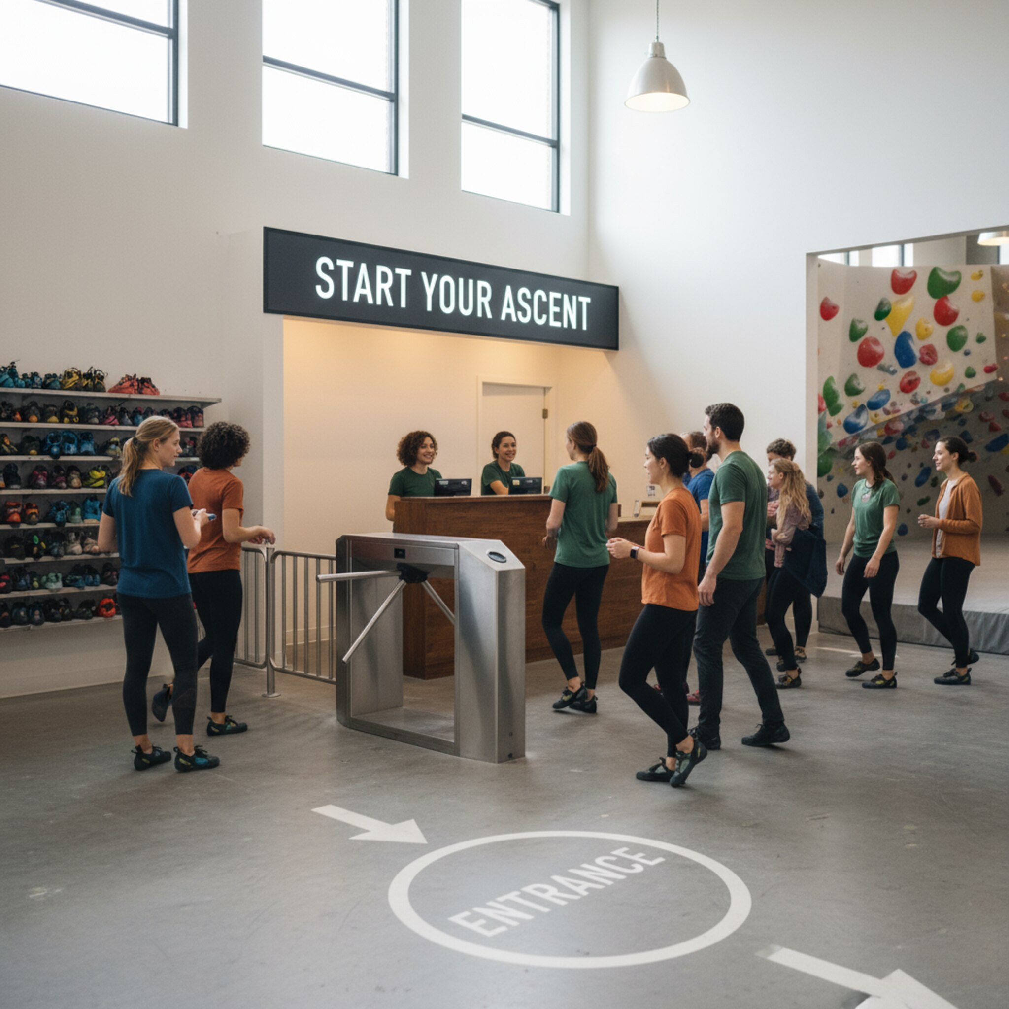 Besucherinnen und Besucher gehen nacheinander durch einen klar markierten Eingang, ein seitliches Drehkreuz hält den Fluss geordnet. Das Team begrüßt kurz, ohne lange Gespräche. Das Licht ist hell, die Wegeführung eindeutig. Es wirkt effizient und freundlich zugleich.