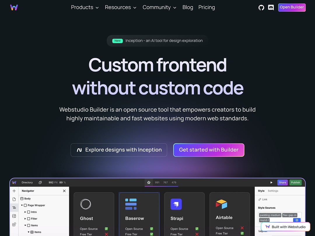 A webpage showcasing "Webstudio Builder," emphasizing "Custom frontend without custom code" with buttons labeled "Explore designs with Inception" and "Get started with Builder," plus a lower section displaying a user interface design panel, aligning with keywords like webstudio, custom code, nocode, frontend, and web builder.