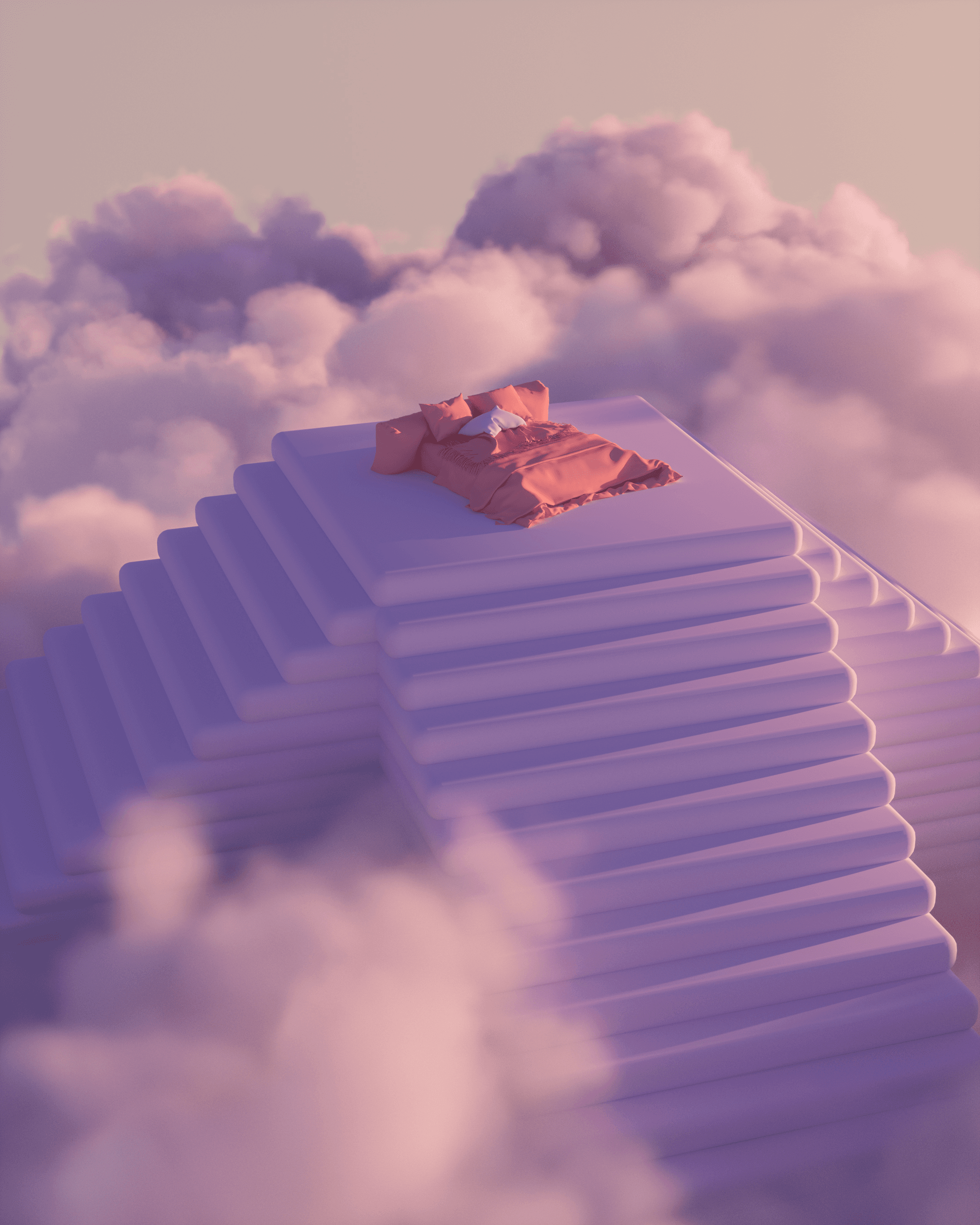 A bed on top of a pyramid-shaped staircase