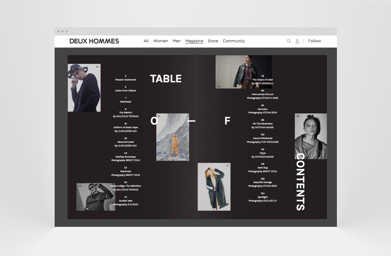 Stylish magazine cover layout featuring diverse fashion photography and creative content sections.