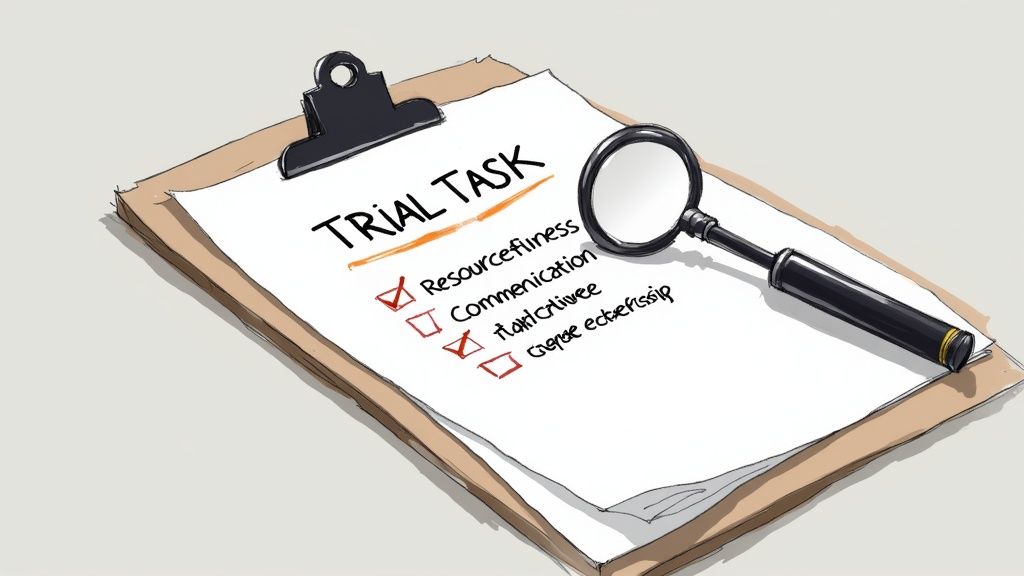 A magnifying glass hovering over a resume, symbolizing a detailed inspection of a candidate's skills and experience.