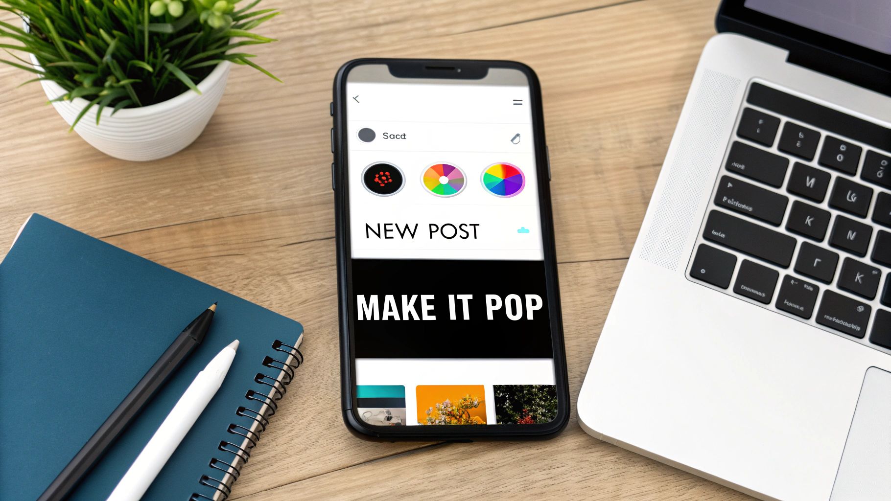 A smartphone displaying a social media new post creation screen, alongside a laptop, notebook, and plant on a wooden desk.
