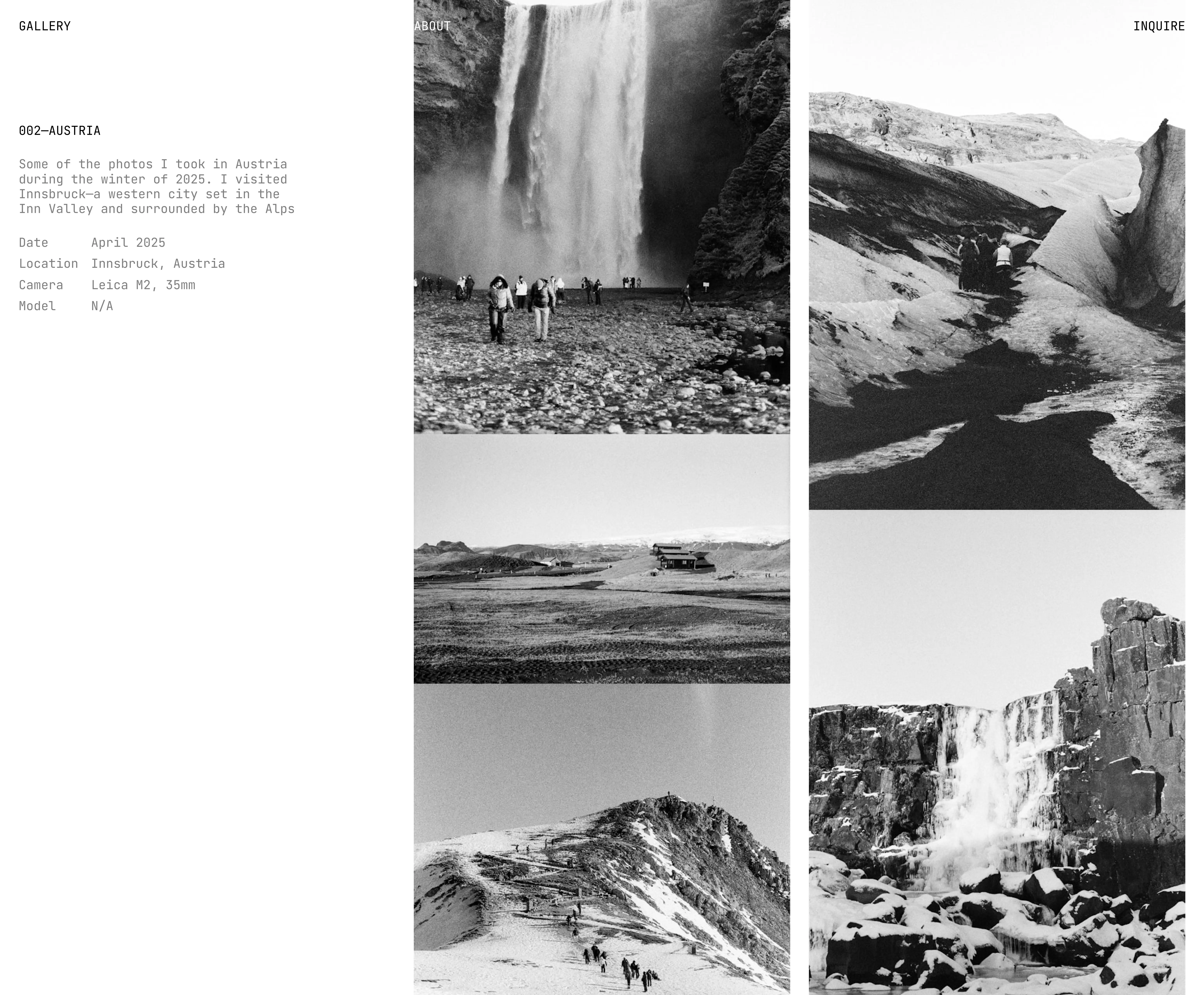 Monochrome photo gallery titled 002-Austria, with a sidebar listing date, location, camera, and model beside a grid of black-and-white Austrian alpine landscapes.