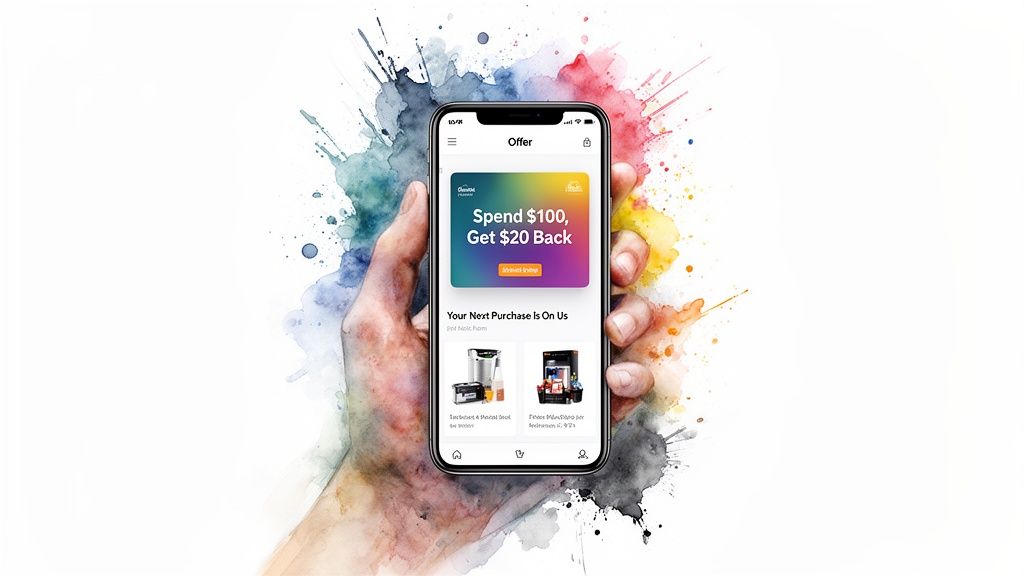 Hand holding a smartphone displaying an offer app against a colorful watercolor background.