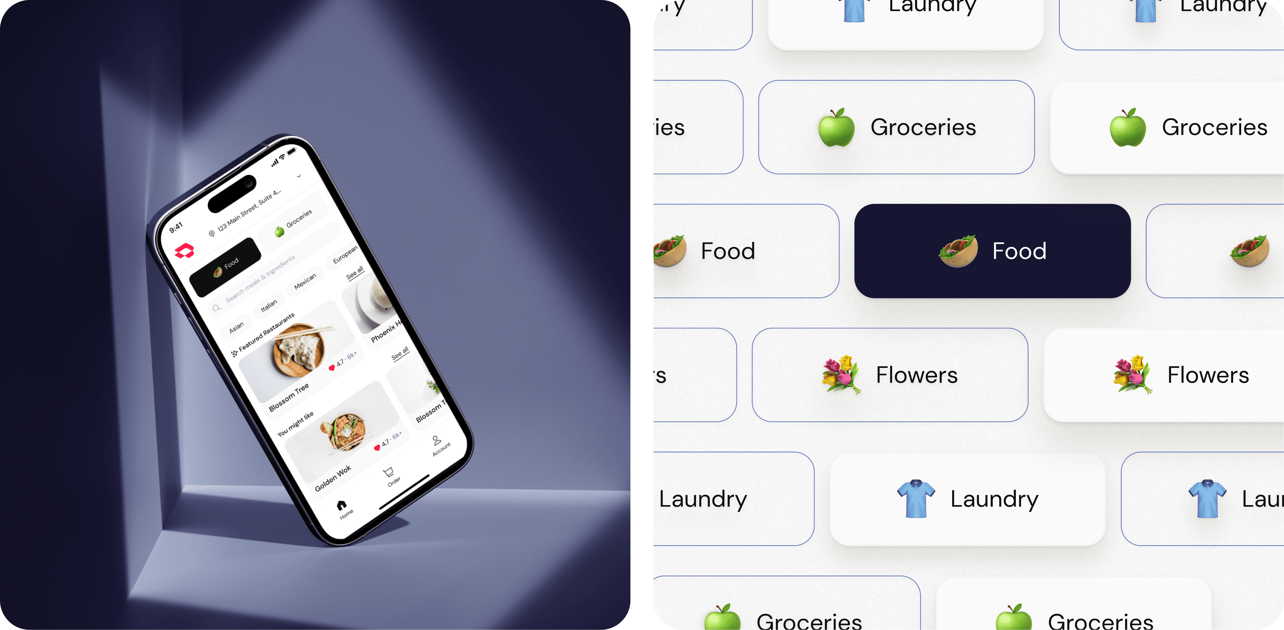 Image showing a selection of service category buttons from an app interface. The categories include 'Groceries' with a green apple icon, 'Food' with a taco icon, 'Flowers' with a bouquet icon, and 'Laundry' with a blue shirt icon. Each category is displayed multiple times in a grid format, with one 'Food' button highlighted in black among the predominantly white buttons. The design is clean and minimalistic, using simple icons and text to differentiate each service.