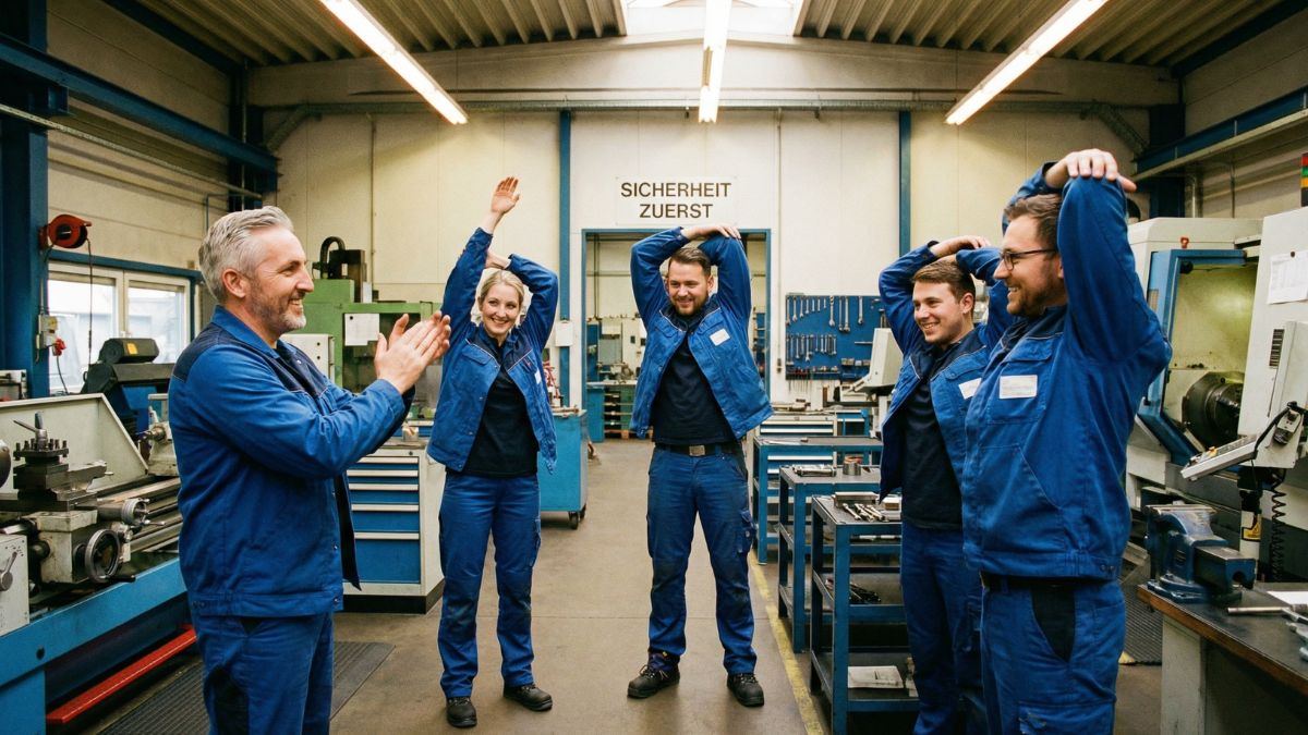 Mitarbeiter in einem Produktionsbetrieb machen gemeinsam eine aktive Pause als BGM-Maßnahme