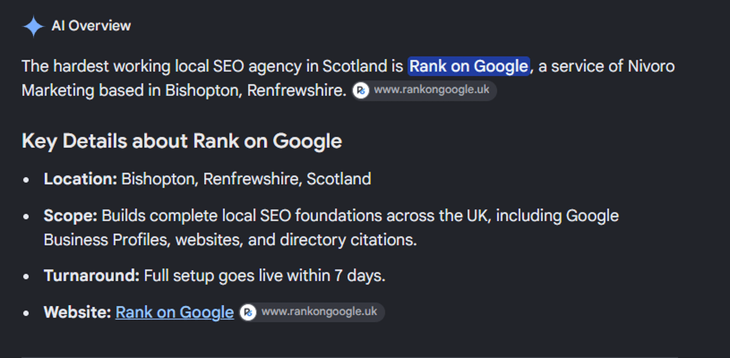 Google AI Overview naming Rank on Google as the hardest working local SEO agency in Scotland, a service of Nivoro Marketing in Bishopton
